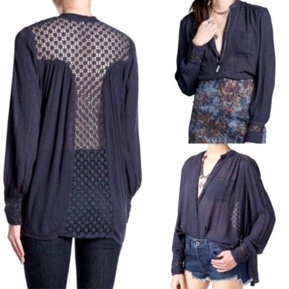 FREE PEOPLE The Best Blouse Navy Crochet Long Sleeve Top Medium New - Picture 1 of 12